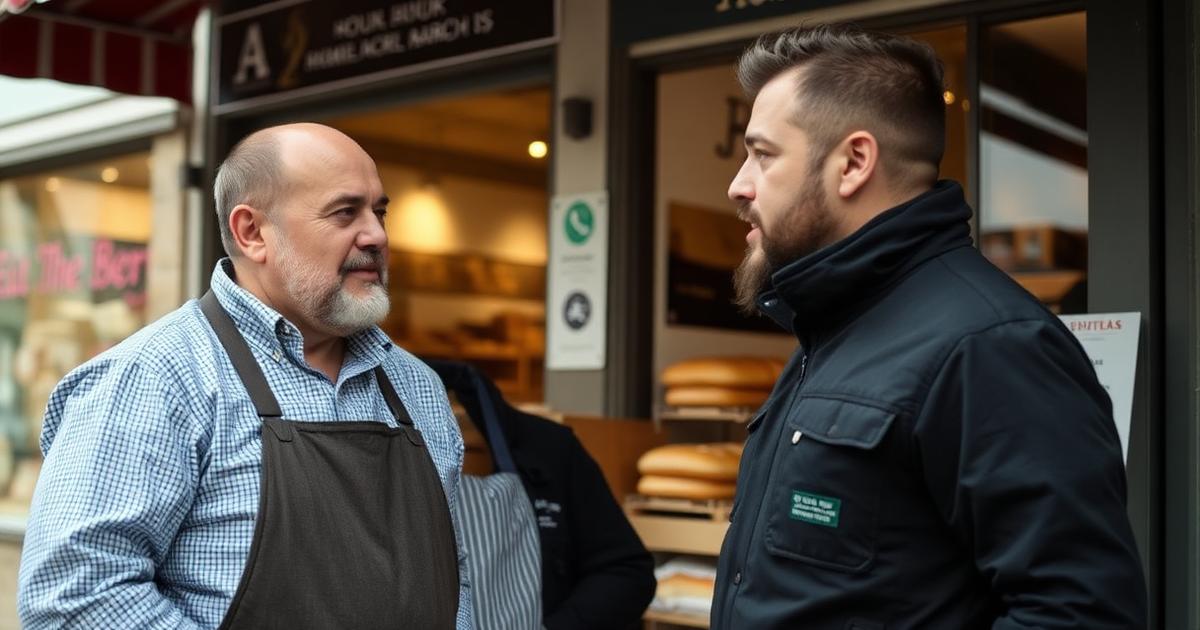 Commerçants belges discutant du recrutement de Flexi-jobbers devant leur commerce