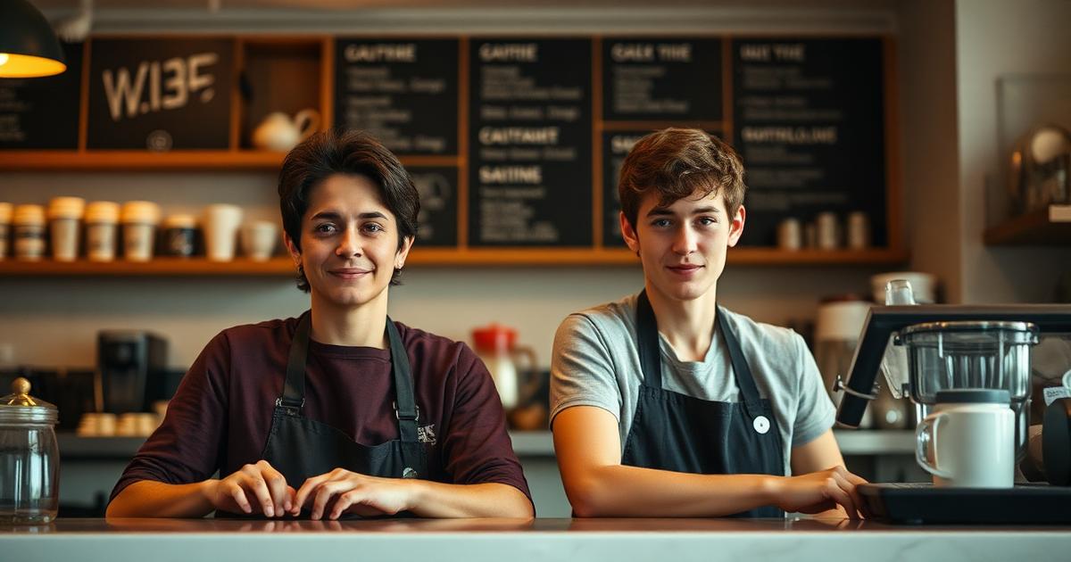 Un Flexi-jobber et un étudiant jobiste travaillant ensemble derrière un comptoir